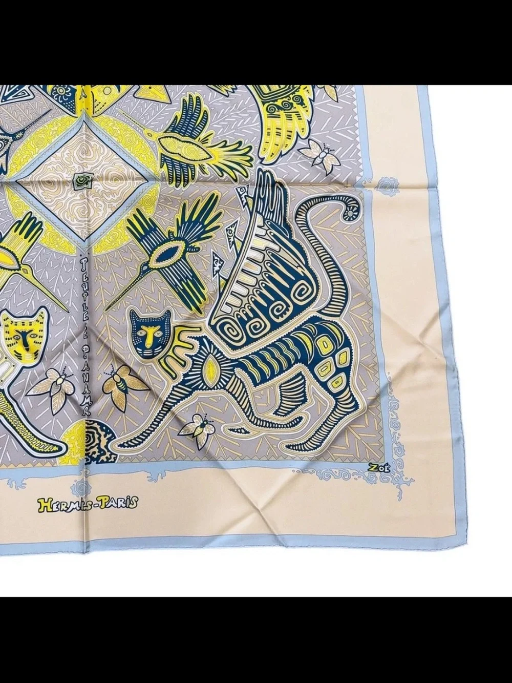 Hermès Pale Blue, Yellow & Beige Bird Motif Silk Scarf